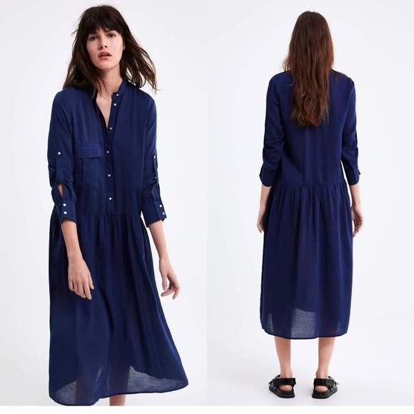 Zara Dresses & Skirts - Zara Midi Shirt Dress Navy Medium